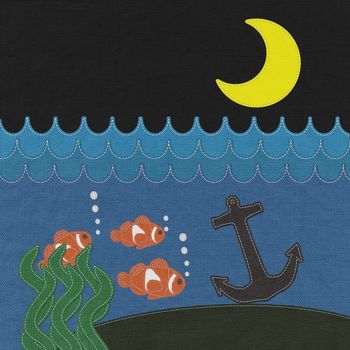 Anchor under the ocean with stitch style on fabric background