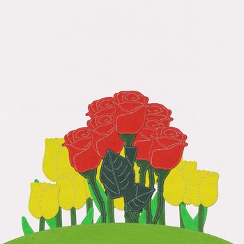 Red rose on green grass field with stitch style fabric background