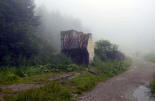 Old cable cabin with an early morning mist or fog, from the Transfagarasan Road, Romania