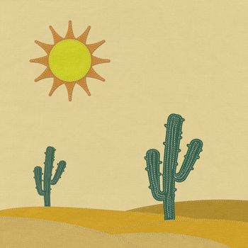 Cactus in the desert with stitch style on fabric background
