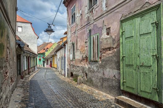 Sibiu, town in Transylvania, Romania. Old street of residential buildings.