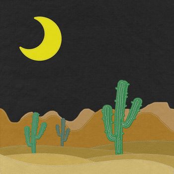 Cactus in the desert with stitch style on fabric background