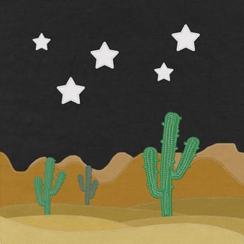 Cactus in the desert with stitch style on fabric background