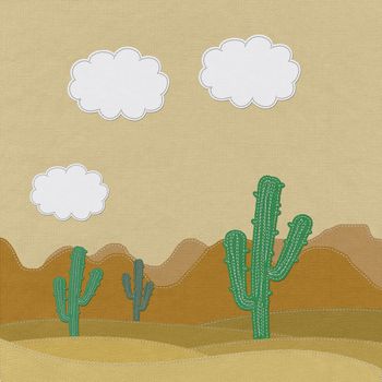 Cactus in the desert with stitch style on fabric background