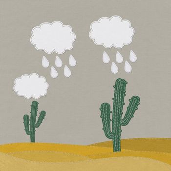 Cactus in the desert with stitch style on fabric background