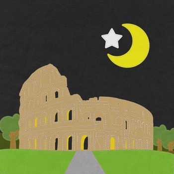 Colosseum in rome with stitch style on fabric background