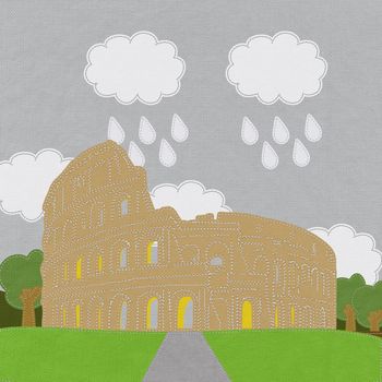 Colosseum in rome with stitch style on fabric background