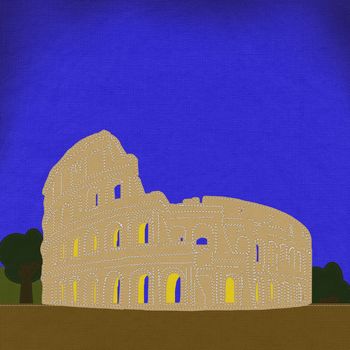 Colosseum in rome with stitch style on fabric background