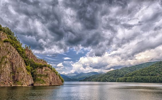 Landscape with Vidraru dam Lake in Fagaras mountains in Romania