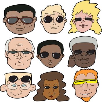Diverse faces of people wearing sunglasses on white background