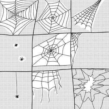 Group of spiders and webs over dotted background