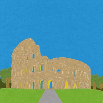 Colosseum in rome with stitch style on fabric background