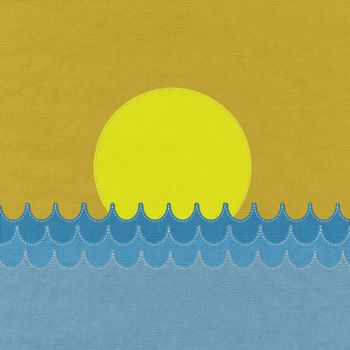 Sea with stitch style on fabric background