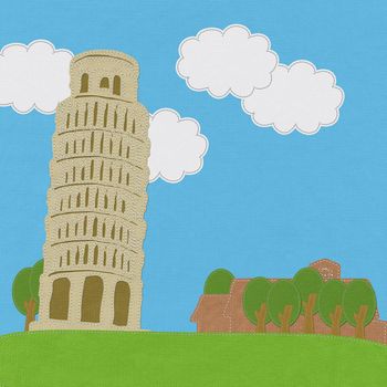 Pisa tower in stitch style on fabric background