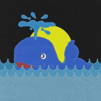 Cute Smiling Whale with stitch style on fabric background