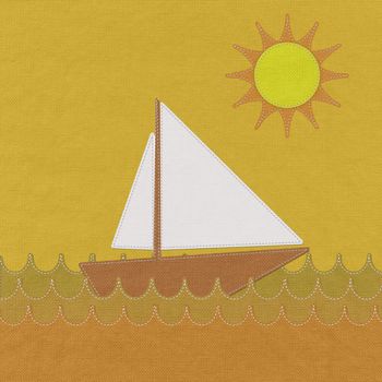 Boat in the sea with stitch style on fabric background
