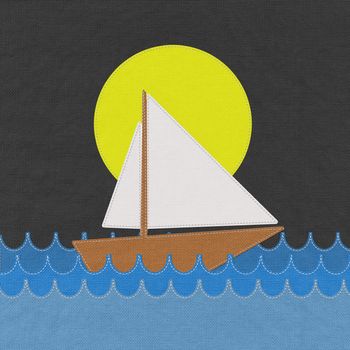 Boat in the sea with stitch style on fabric background