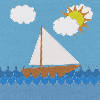 Boat in the sea with stitch style on fabric background