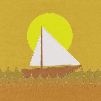 Boat in the sea with stitch style on fabric background