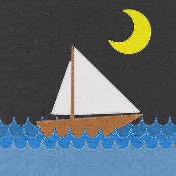 Boat in the sea with stitch style on fabric background