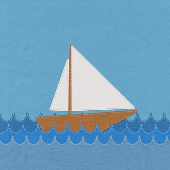 Boat in the sea with stitch style on fabric background