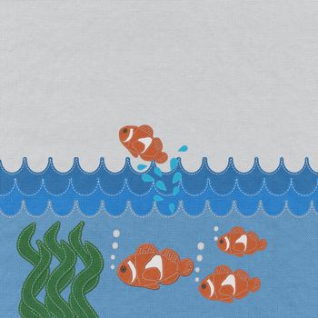 Fish under water with stitch style on fabric background
