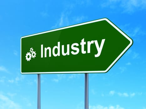 Finance concept: Industry and Gears icon on green road (highway) sign, clear blue sky background, 3d render