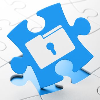 Finance concept: Folder With Keyhole on Blue puzzle pieces background, 3d render