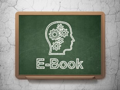 Education concept: Head With Gears icon and text E-Book on Green chalkboard on grunge wall background, 3d render