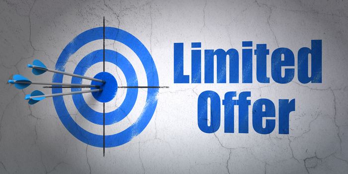 Success business concept: arrows hitting the center of target, Blue Limited Offer on wall background, 3d render