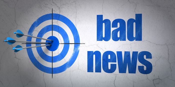 Success news concept: arrows hitting the center of target, Blue Bad News on wall background, 3d render