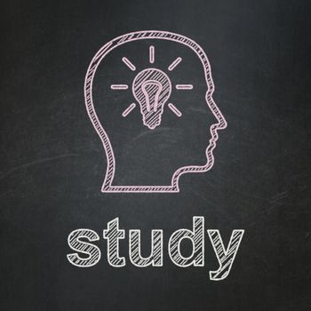 Education concept: Head With Lightbulb icon and text Study on Black chalkboard background, 3d render