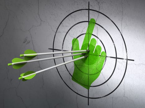 Success social network concept: arrows hitting the center of Green Mouse Cursor target on wall background, 3d render