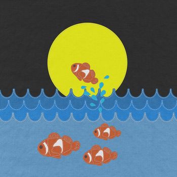 Fish under water with stitch style on fabric background