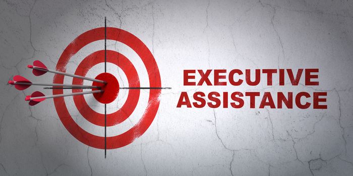 Success finance concept: arrows hitting the center of target, Red Executive Assistance on wall background, 3d render