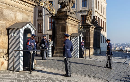 PRAGUE, CZECH REPUBLIC - MARCH 13th, 2014 - Soldier of elite Prague Castle Guard replacement in front of the presidential palace.