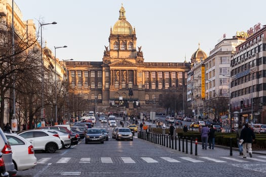 PRAGUE, CZECH REPUBLIC - MARCH 13th, 2014 - Historical statue of saint Wenceslas on top of Wenceslas square and national museum in background