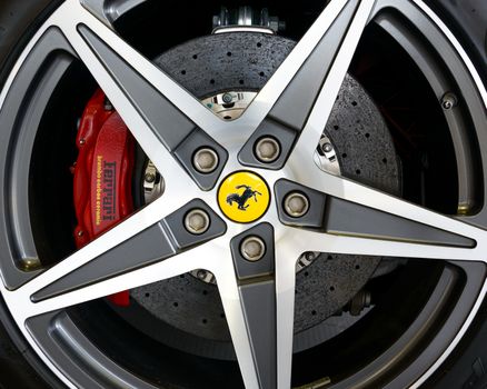 LONDON, UK - CIRCA JULY 2013: The Ferrari California is fitted with Brembo carbon ceramic disk brake.