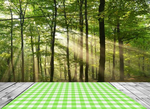 Empty wooden table and beautiful forest in background