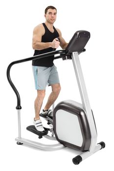 one man doing step machine exercise, on white background
