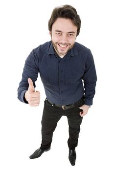 young happy casual man, full body, going thumb up, isolated