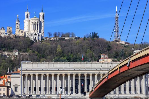 Famous view of Saone river and footbridge at Lyon, France