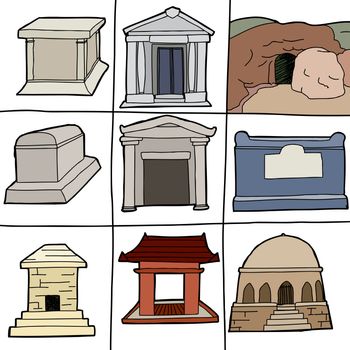 Hand drawn tombs and mausoleums on white background