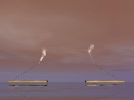 Two incense sticks with smoke upon water in colorful background