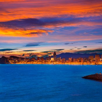 Benidorm Alicante sunset playa de Poniente beach in Spain Valencian community