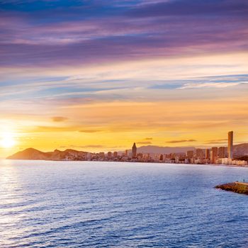 Benidorm Alicante sunset playa de Poniente beach in Spain Valencian community