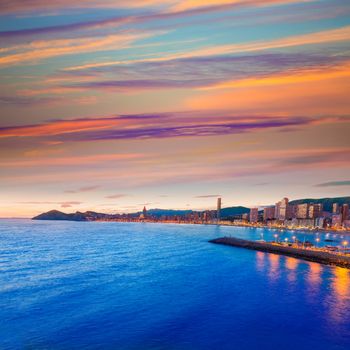 Benidorm Alicante sunset playa de Poniente beach in Spain Valencian community