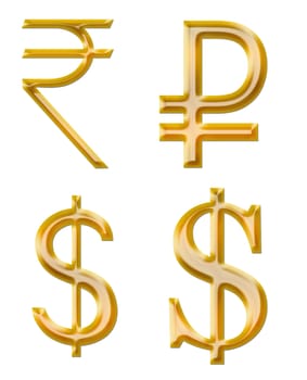 signs of currencies: rupee, Russian ruble, American dollar