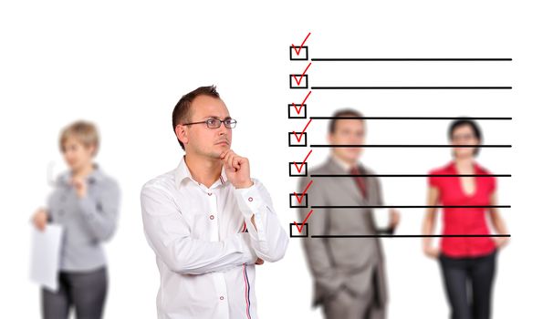 man looking at check box  and people on background