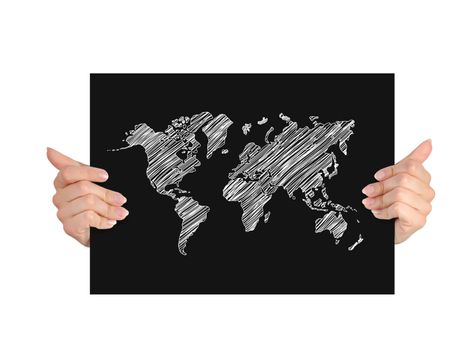 hands holding paper with drawing world map